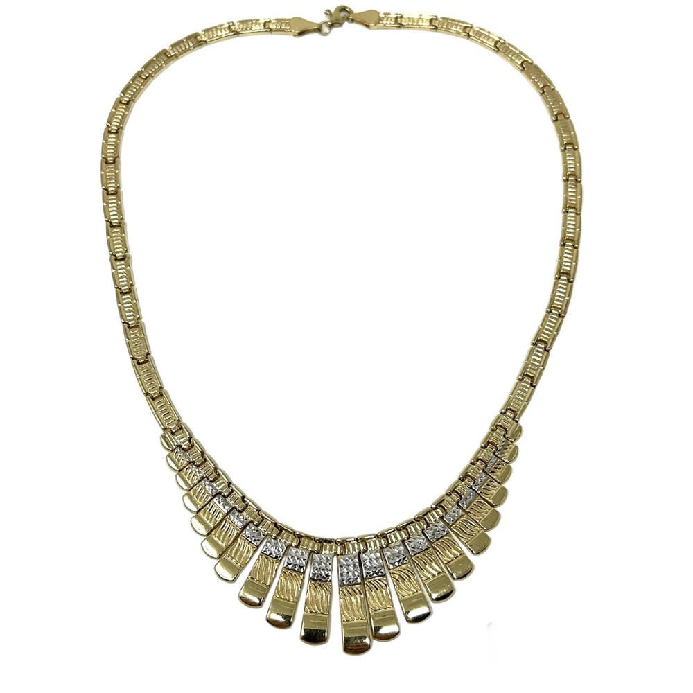 14K solid yellow &!white gold Egyptian revival fringe bib necklace, vintage